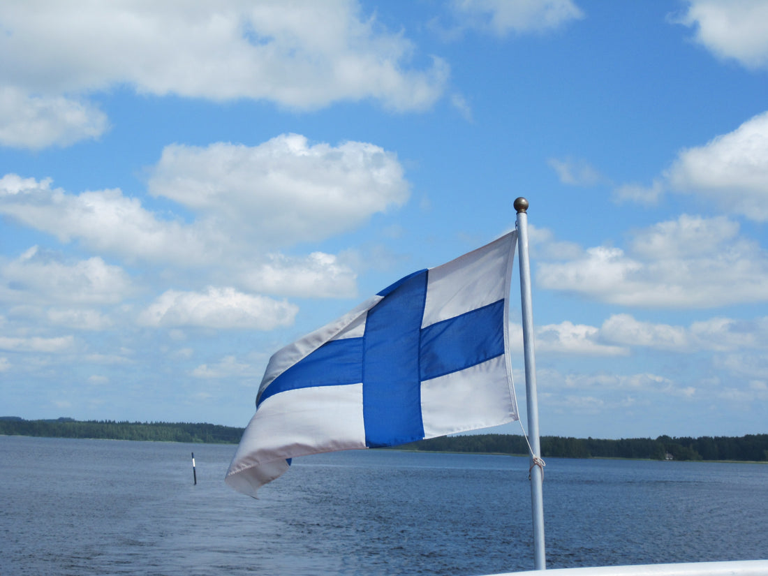 Drapeau finlandais sur un mât avec un lac en arrière-plan.