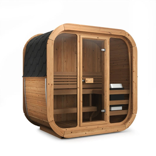 Sauna extérieur Cube 125 vu de face et de côté, avec porte vitrée et bardage en bois.