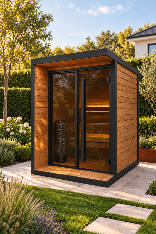 Sauna exterior Hiki S da Saunamo instalada num jardim residencial
