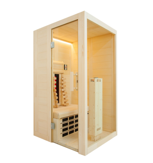 Sauna infrarouge miniature avec porte en verre.