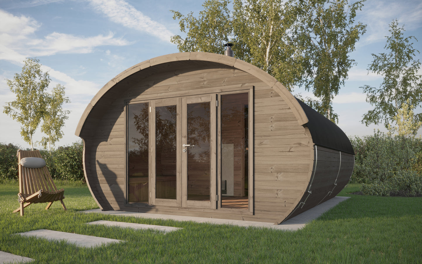 Saunamo Hobbit 500 : sauna rond en bois avec portes en verre.