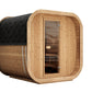 Saunamo Cube 220 : sauna moderne en bois avec fenêtre et porte en verre.