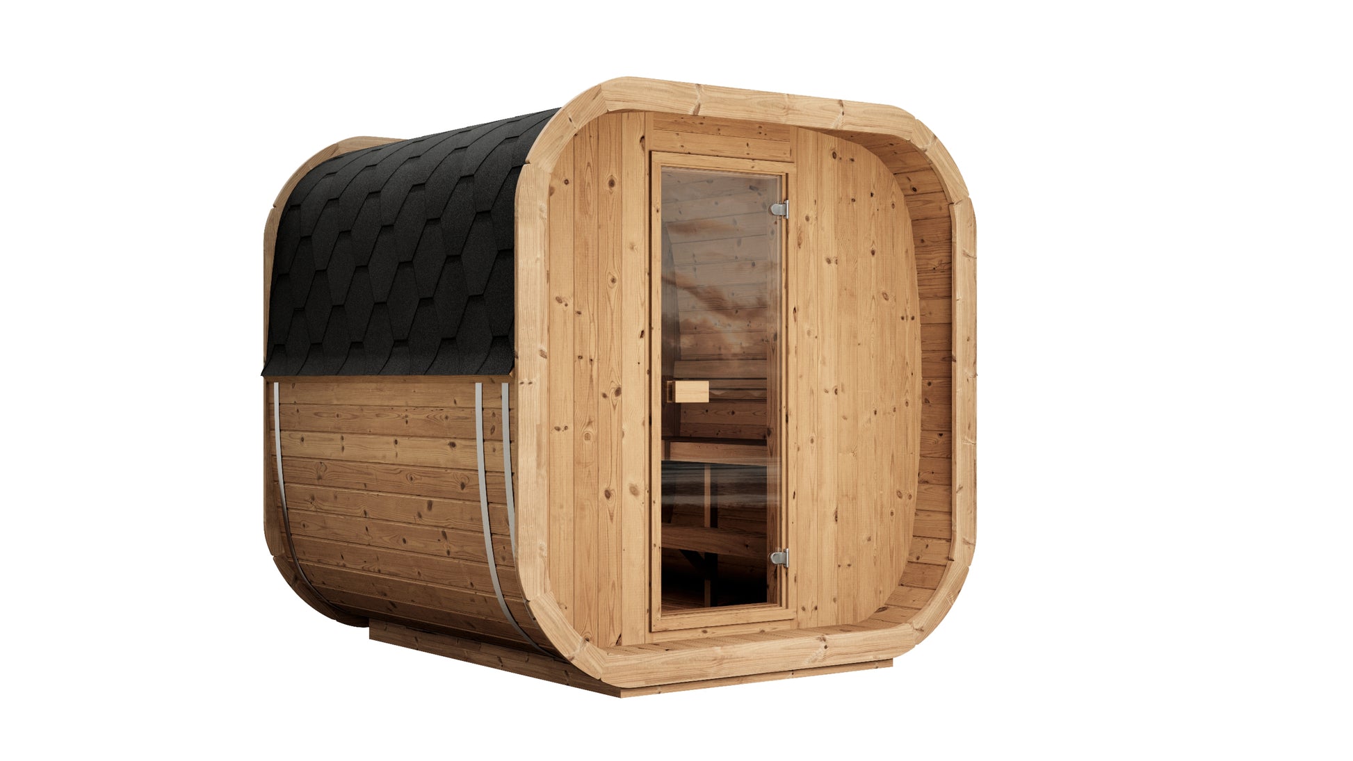 Saunamo Cube 220 : sauna moderne en bois avec fenêtre et porte en verre.