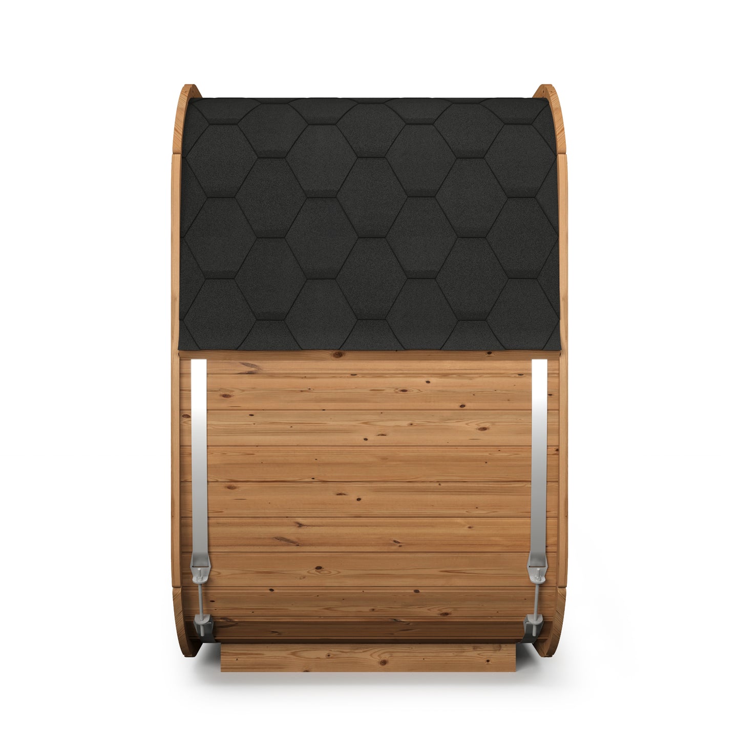 Sauna extérieur Cube 125 avec toit noir et parois en bois.