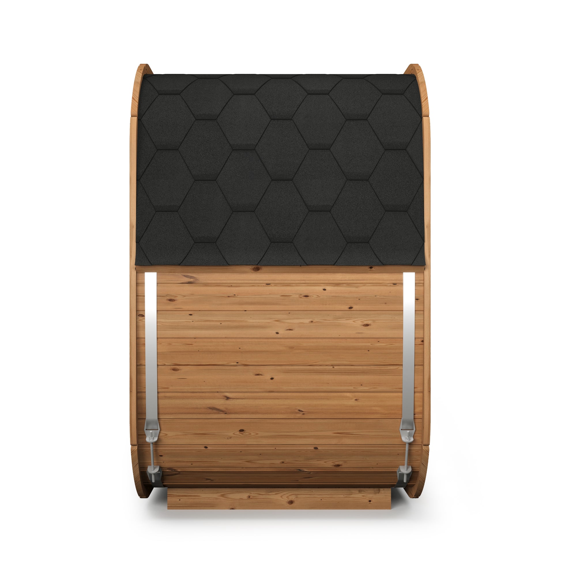 Sauna extérieur Cube 125 avec toit noir et parois en bois.