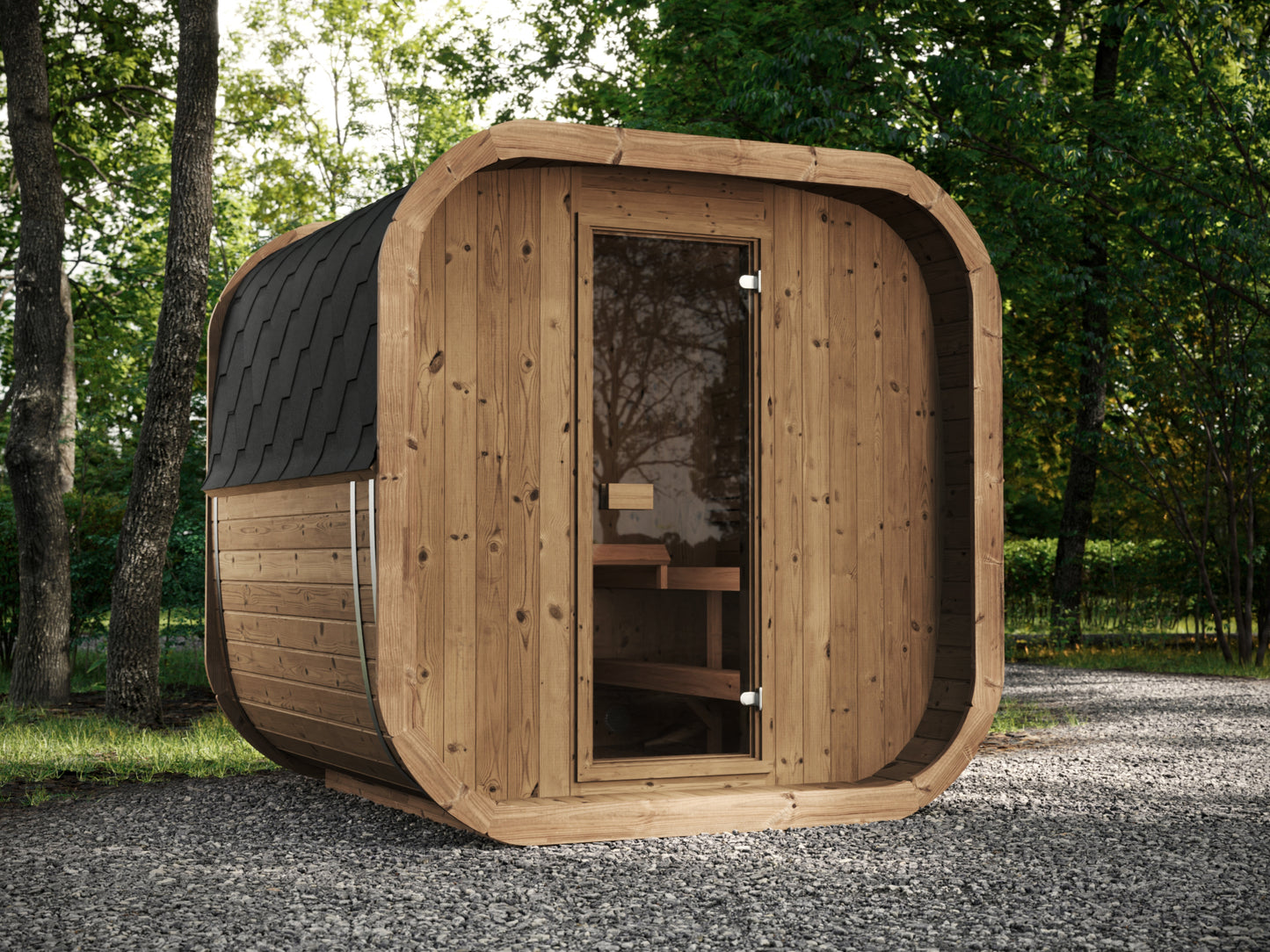 Saunamo Cube 220 : sauna moderne en bois avec porte en verre.