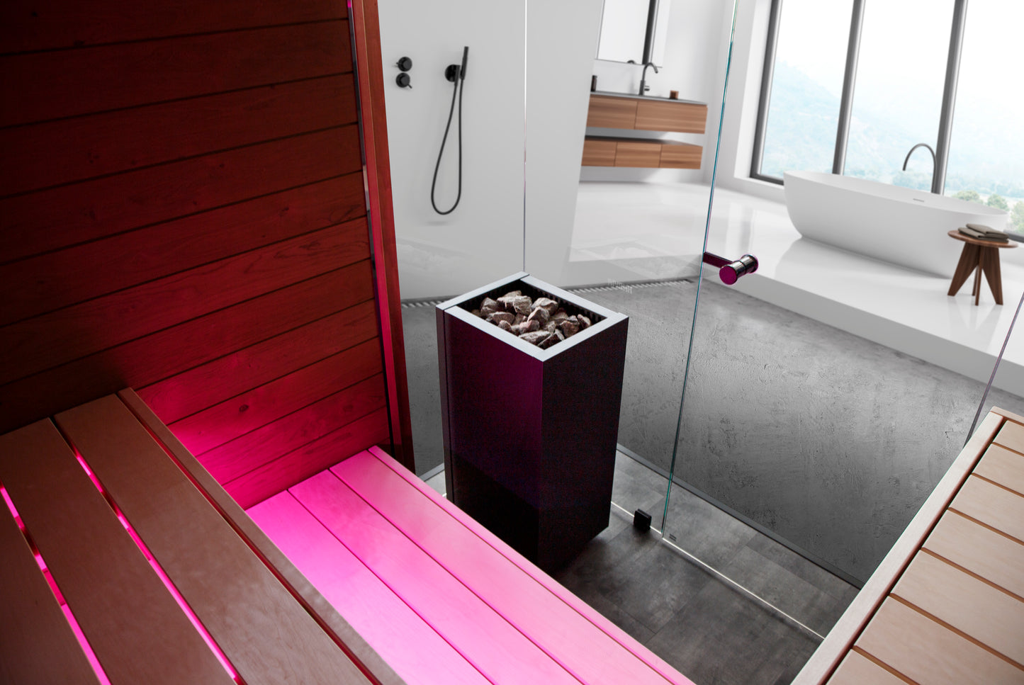 Sauna Block Harvia dans une salle de bain moderne avec une banquette rose et une baignoire.