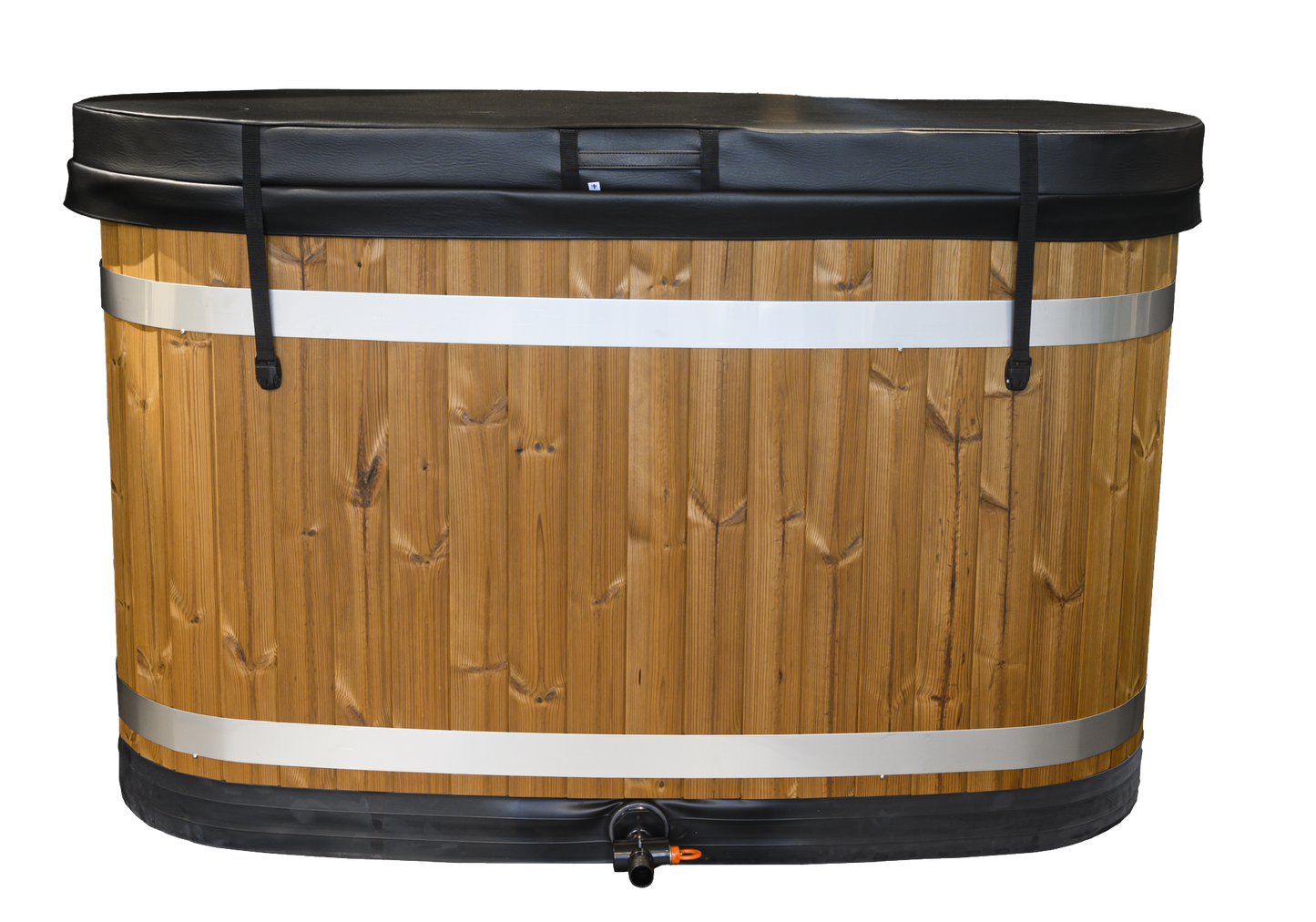 Tonneau en bois avec couvercle noir, Cold Plunge Frosty.