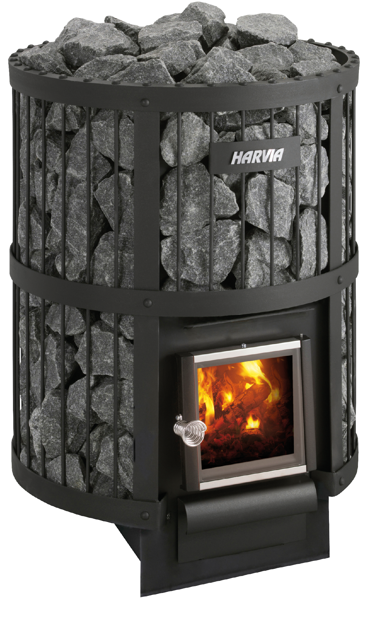 Harvia Legend 240 avec des pierres et des flammes visibles.