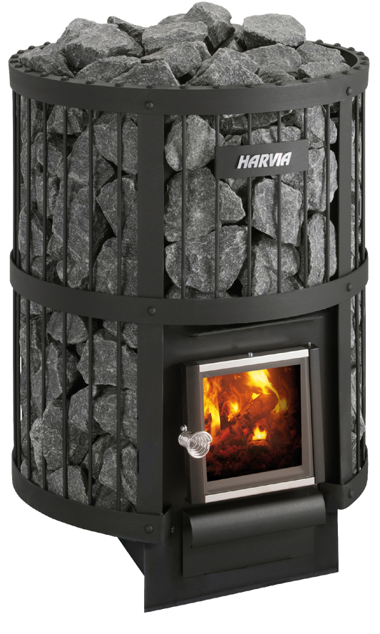 Harvia Legend 240 avec des pierres et des flammes visibles.