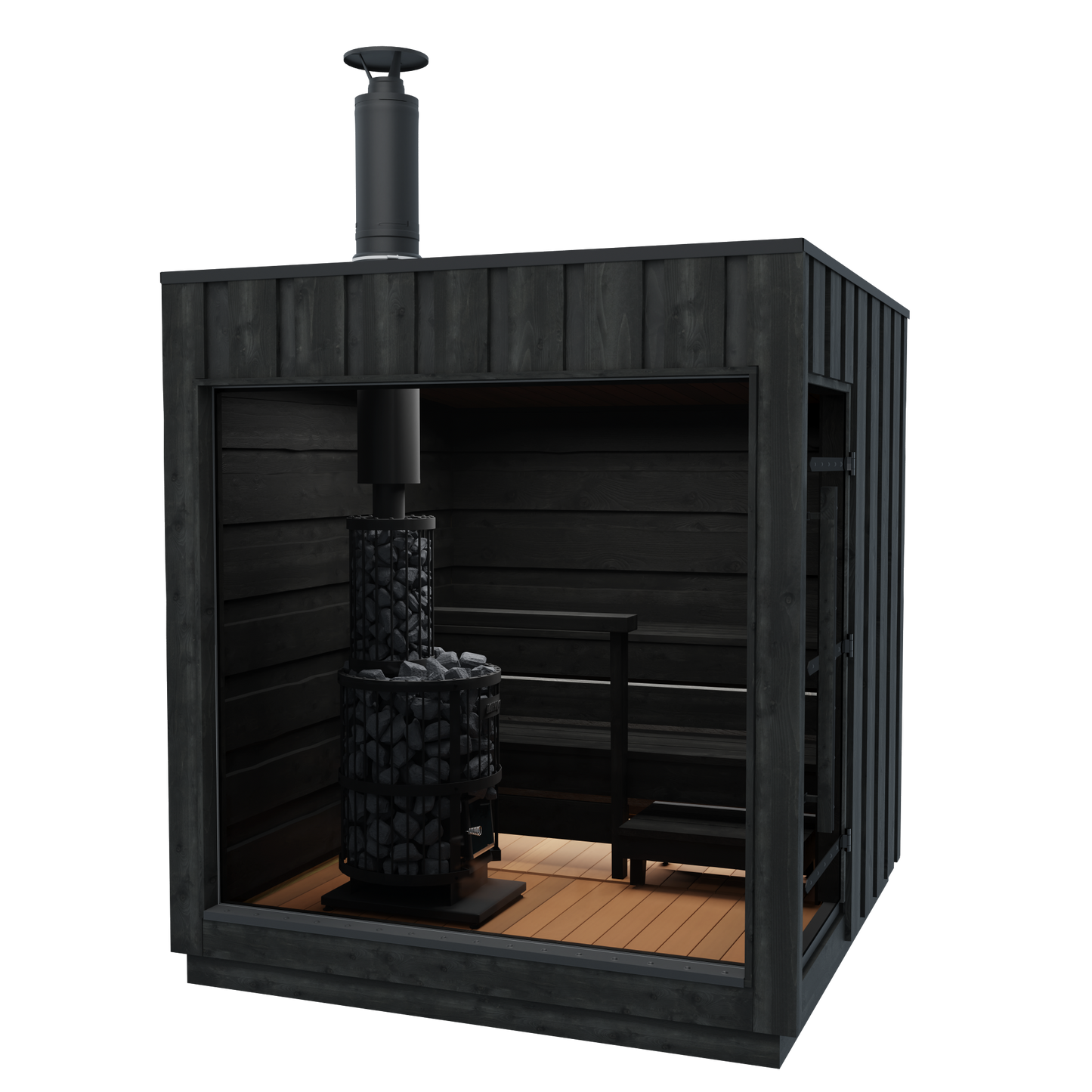 Sauna Legend avec cheminée et intérieur en bois noir.