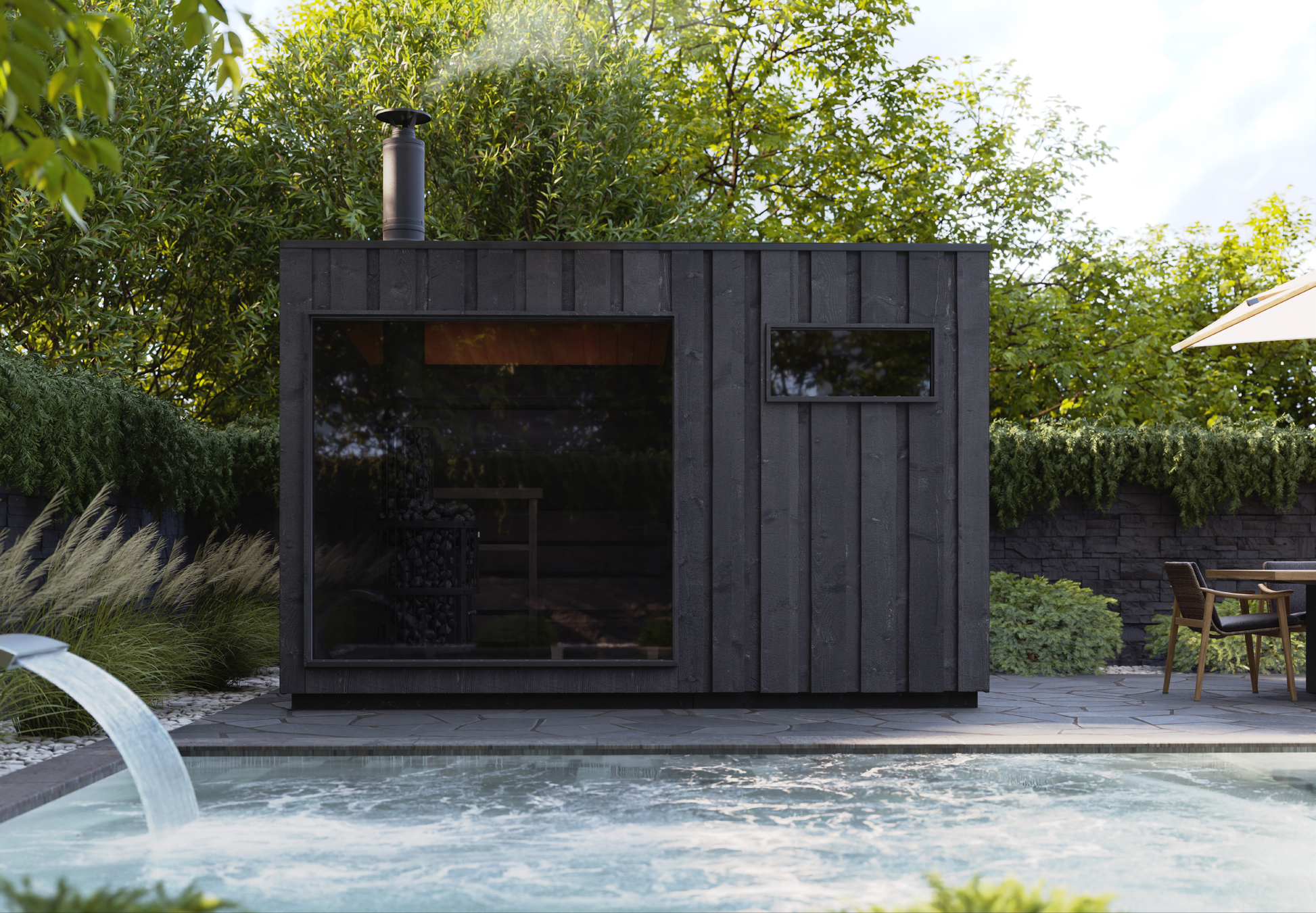 Sauna de légende avec fenêtre panoramique et extérieur en bois.