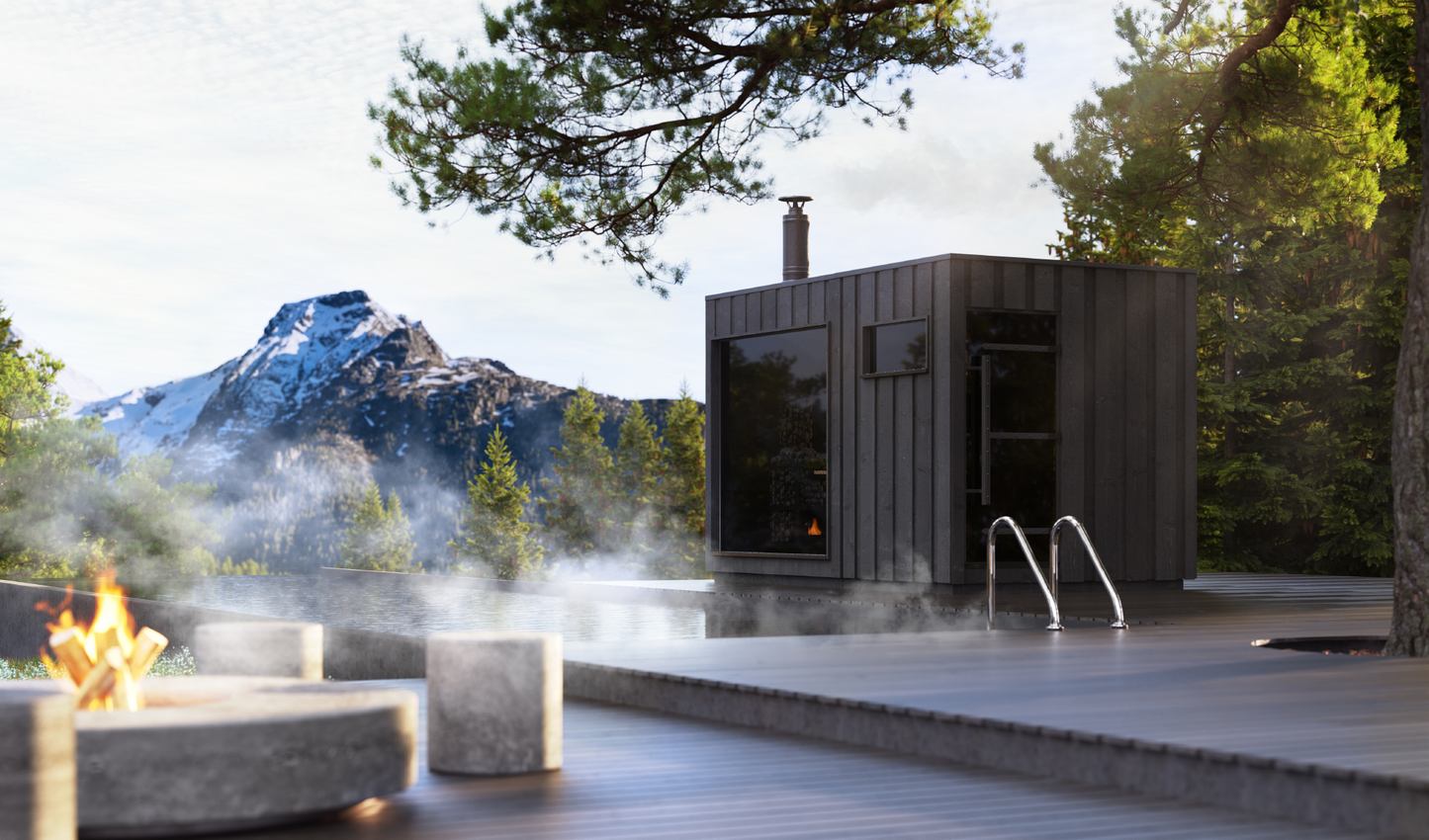 Sauna légendaire avec fenêtre panoramique et vue sur les montagnes.