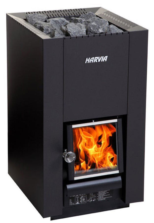 Harvia Linear 18 Compact glass wood-burning heater.