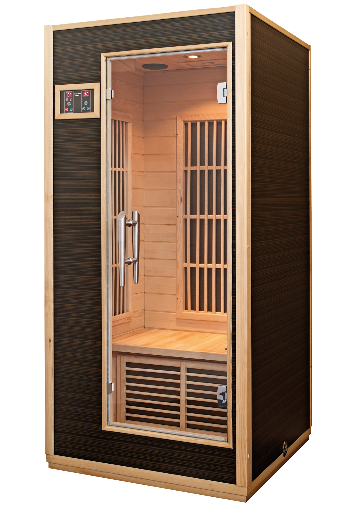 Sauna radiant à infrarouge avec porte vitrée ouverte.