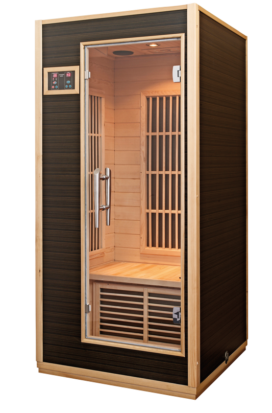 Sauna radiant à infrarouge avec porte vitrée ouverte.