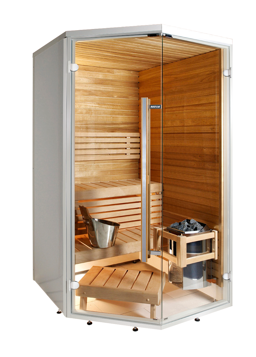 Sauna Sirius Corner avec seau et pierres.