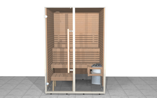 Sauna Sirius avec portes en verre et design moderne.