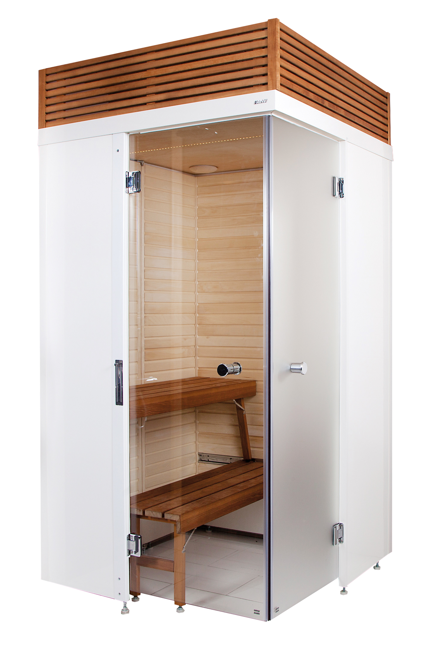 Sauna SmartFold avec porte en verre et banc en bois.