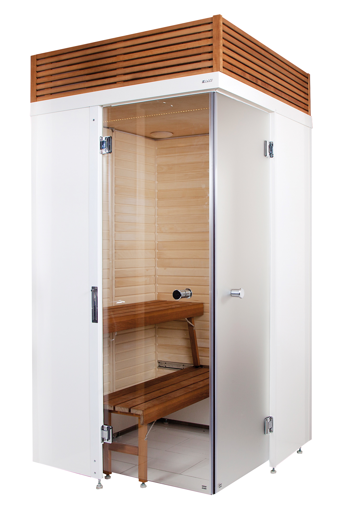 Sauna SmartFold avec porte en verre et banc en bois.