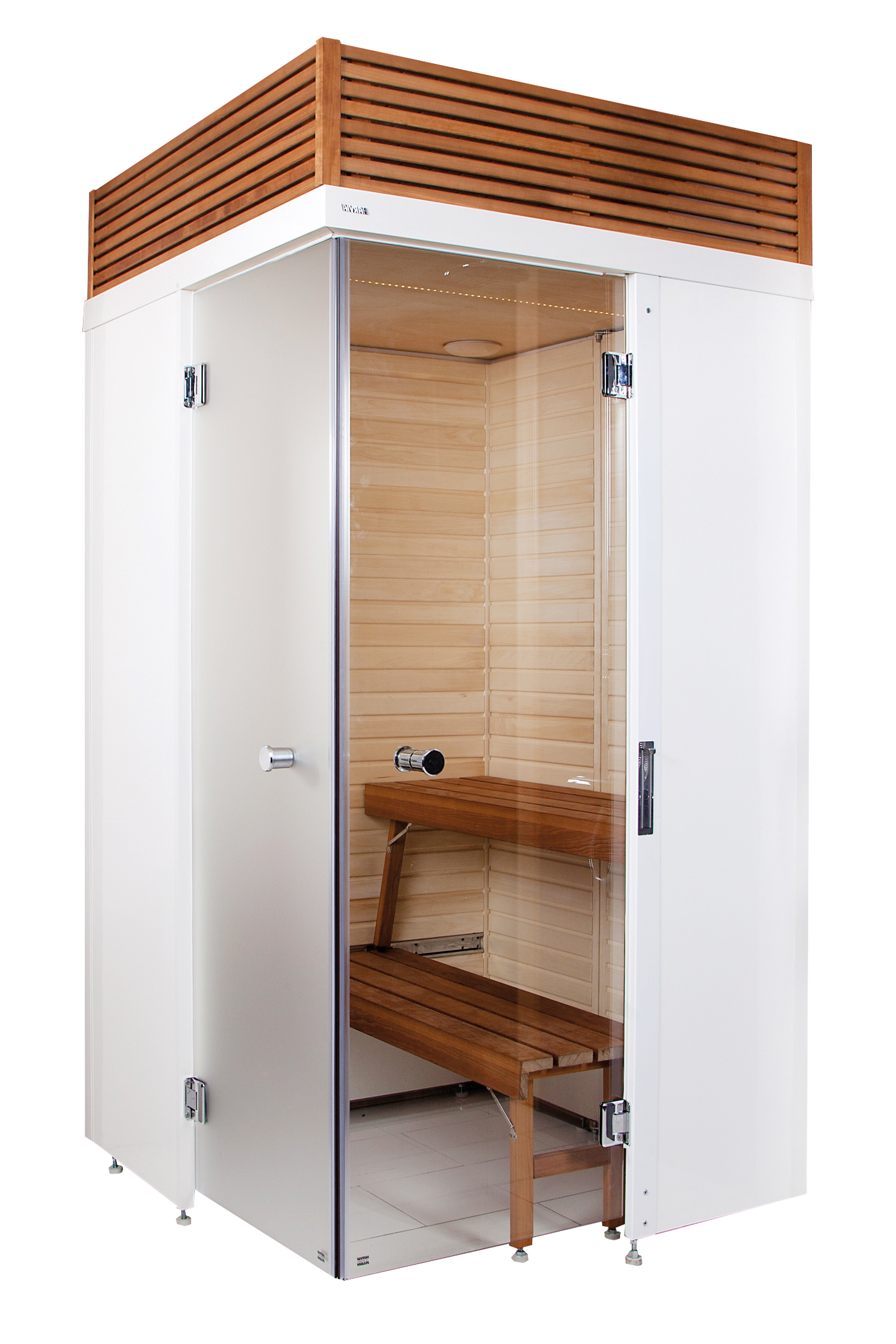 Sauna Smart Fold avec design pliable et banc en bois.