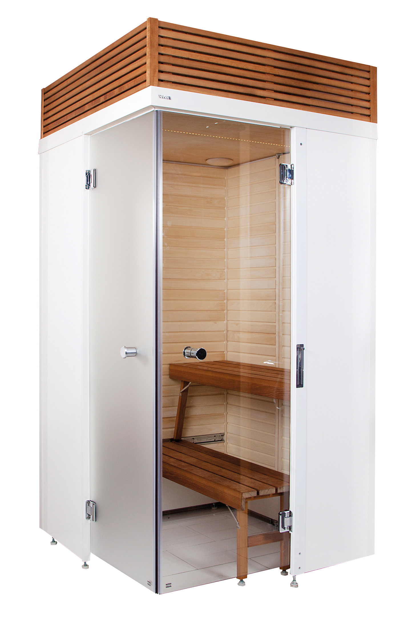 Sauna Smart Fold avec design pliable et banc en bois.