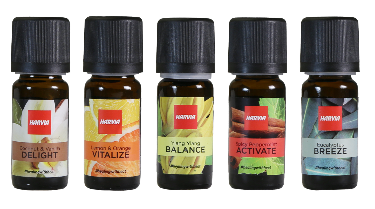 Harvia Sauna and Steam Aromas, set de cinq flacons.