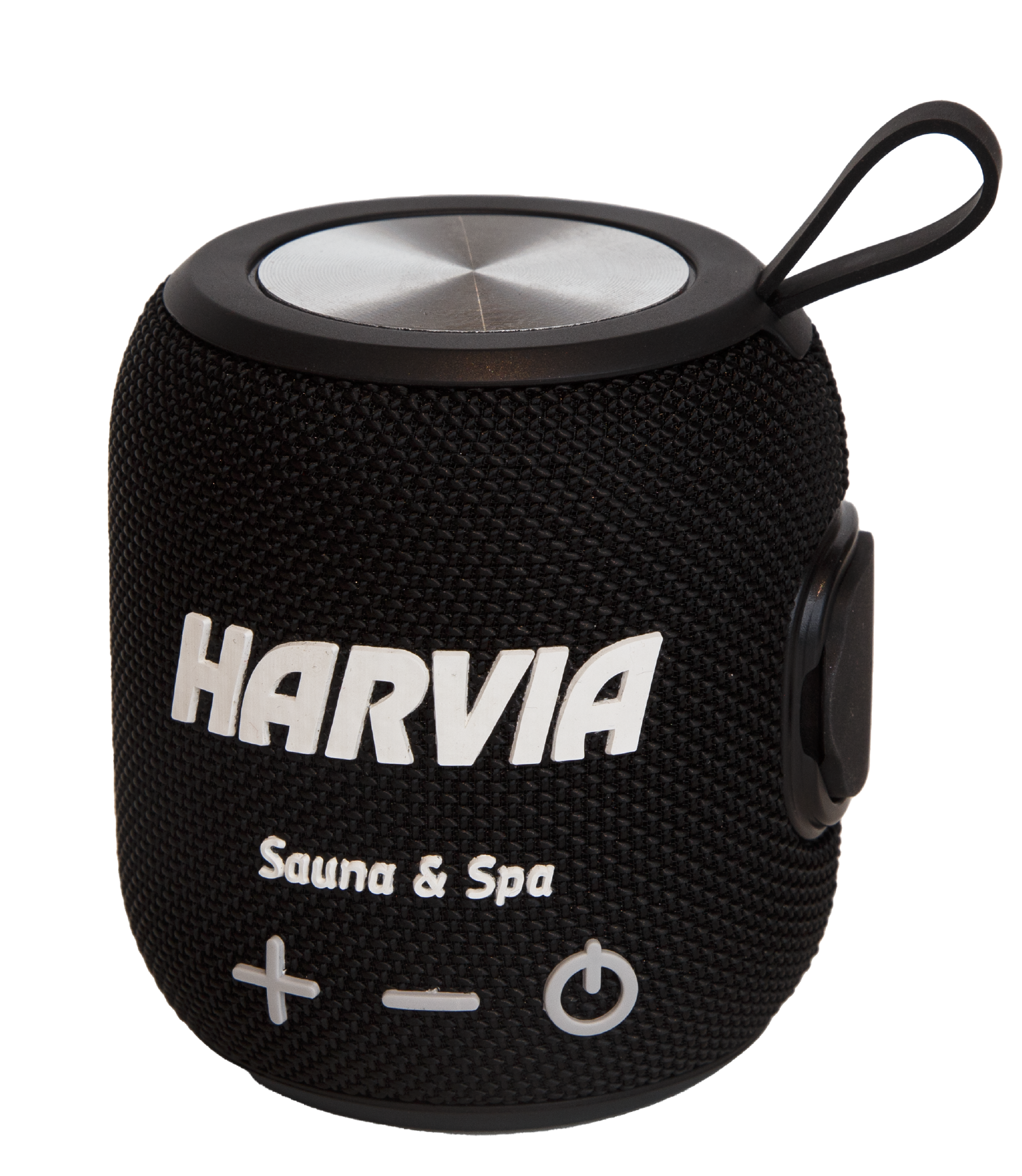 Haut-parleur de sauna Harvia Bluetooth avec texte blanc.