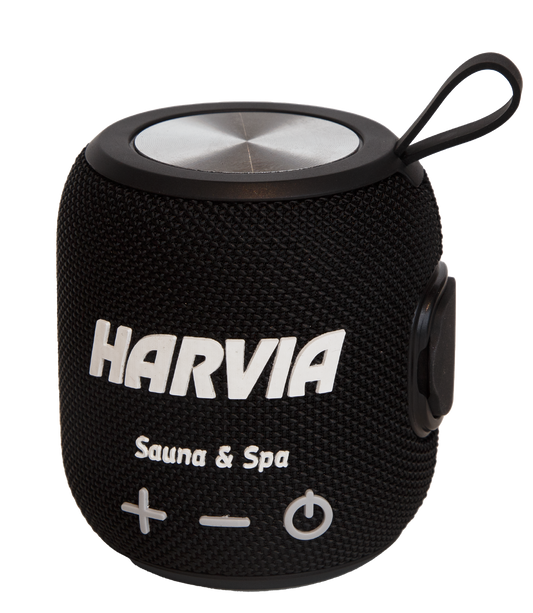 Haut-parleur de sauna Harvia Bluetooth avec texte blanc.