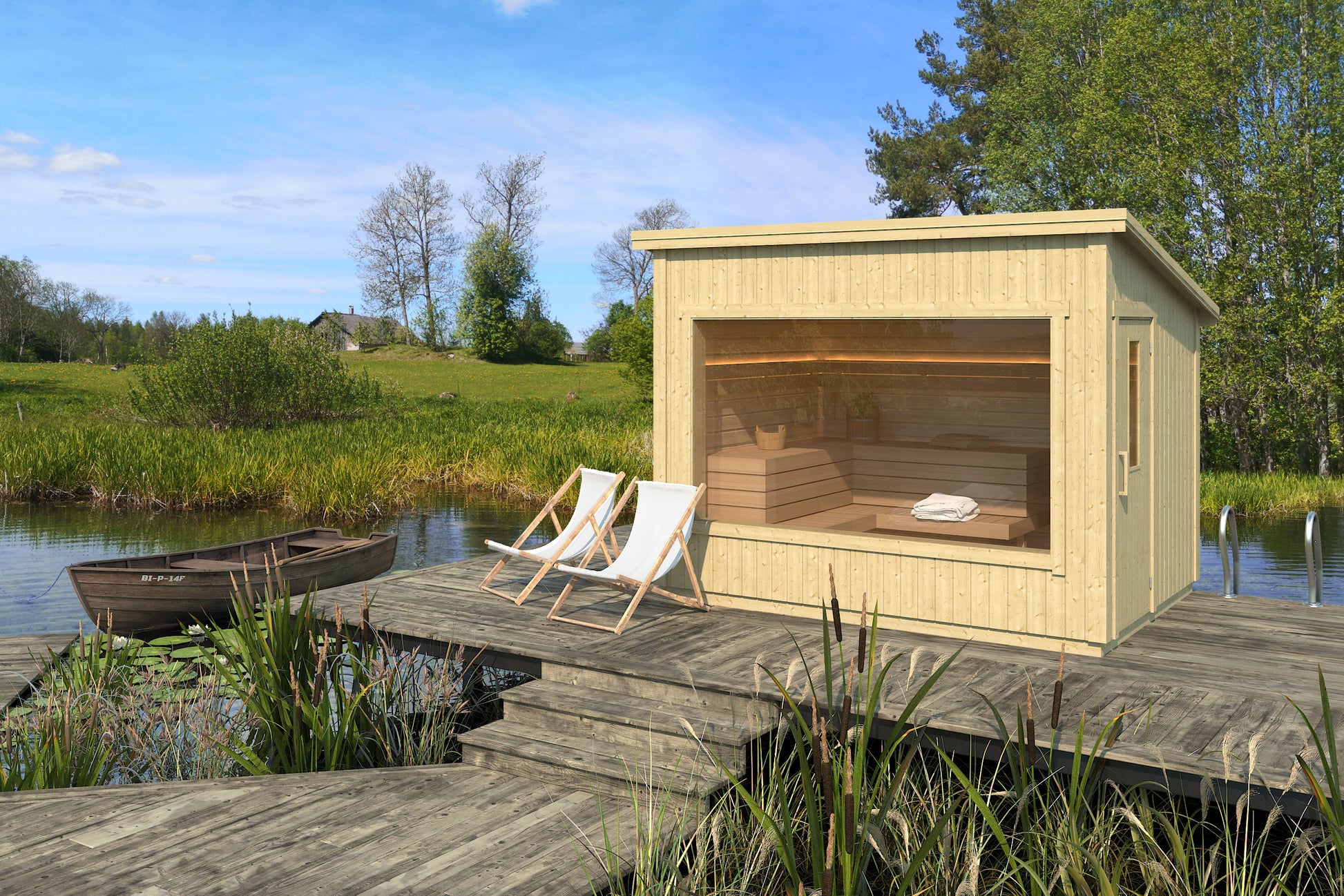 Saunamo Sauna extérieur Modulaire avec chaises longues sur l'eau.