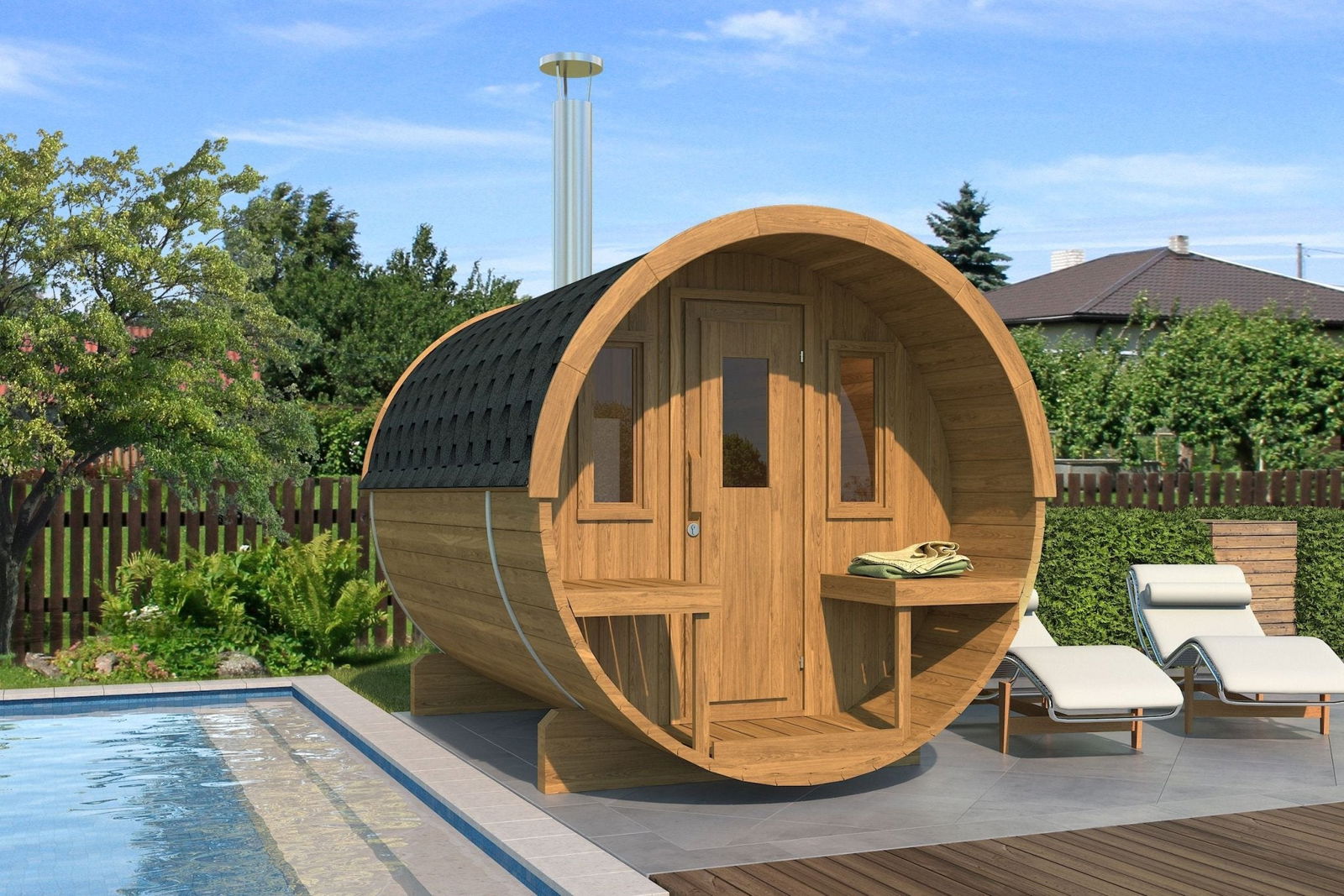 Saunamo Sauna extérieur Barrel 235 au bord d'une piscine