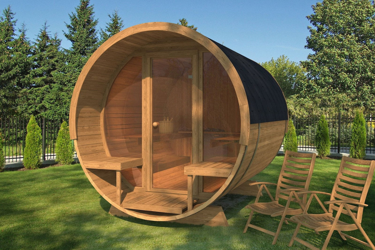 Saunamo Barrel 280 Deluxe : sauna en forme de baril avec façade en verre.