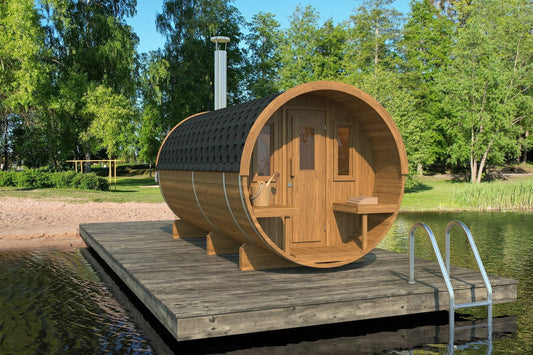 Saunamo Sauna tonneau 400 sur plate-forme en bois.