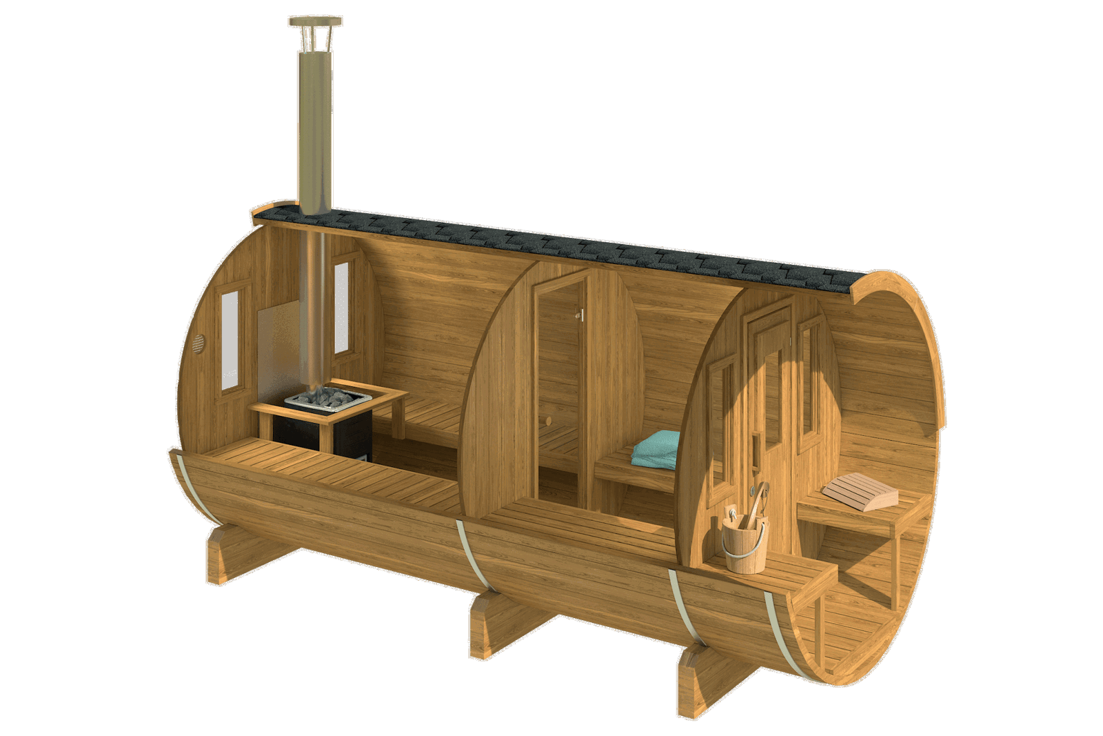 Saunamo Barrel 400 : sauna en forme de tonneau avec bancs et balcon.