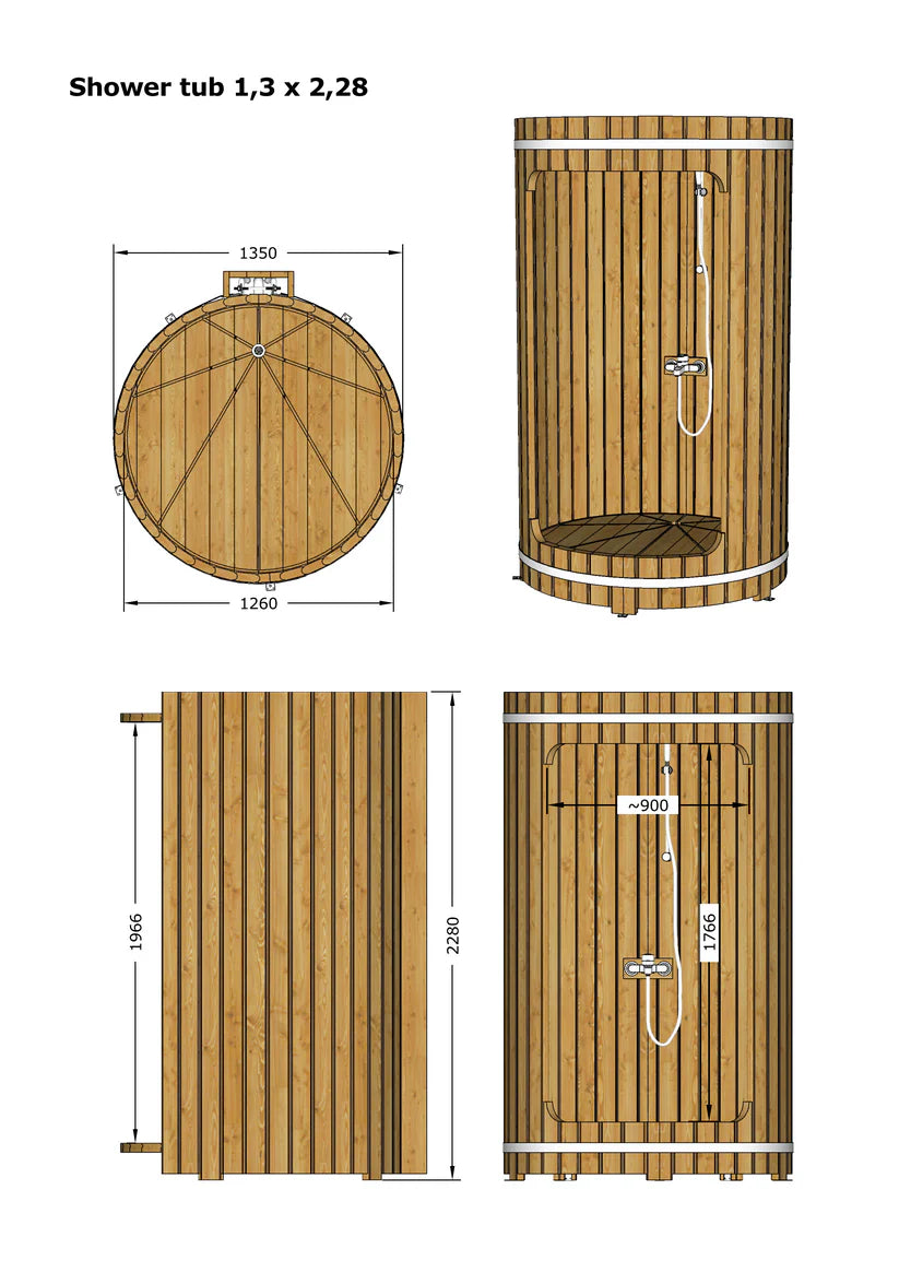 Douche en bois en forme de tonneau avec un design ouvert.