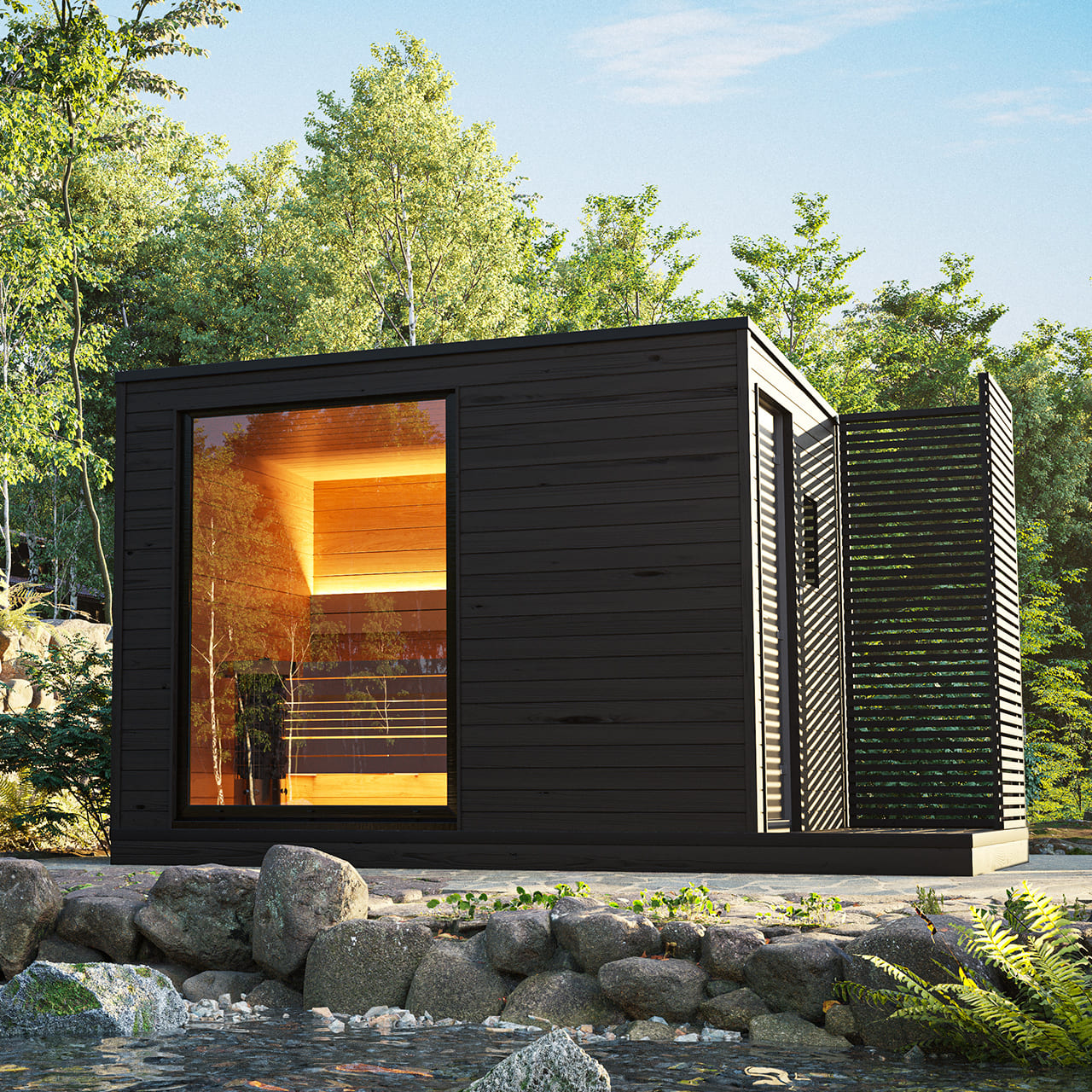 KUUT L sauna électrique extérieur avec porte en verre.