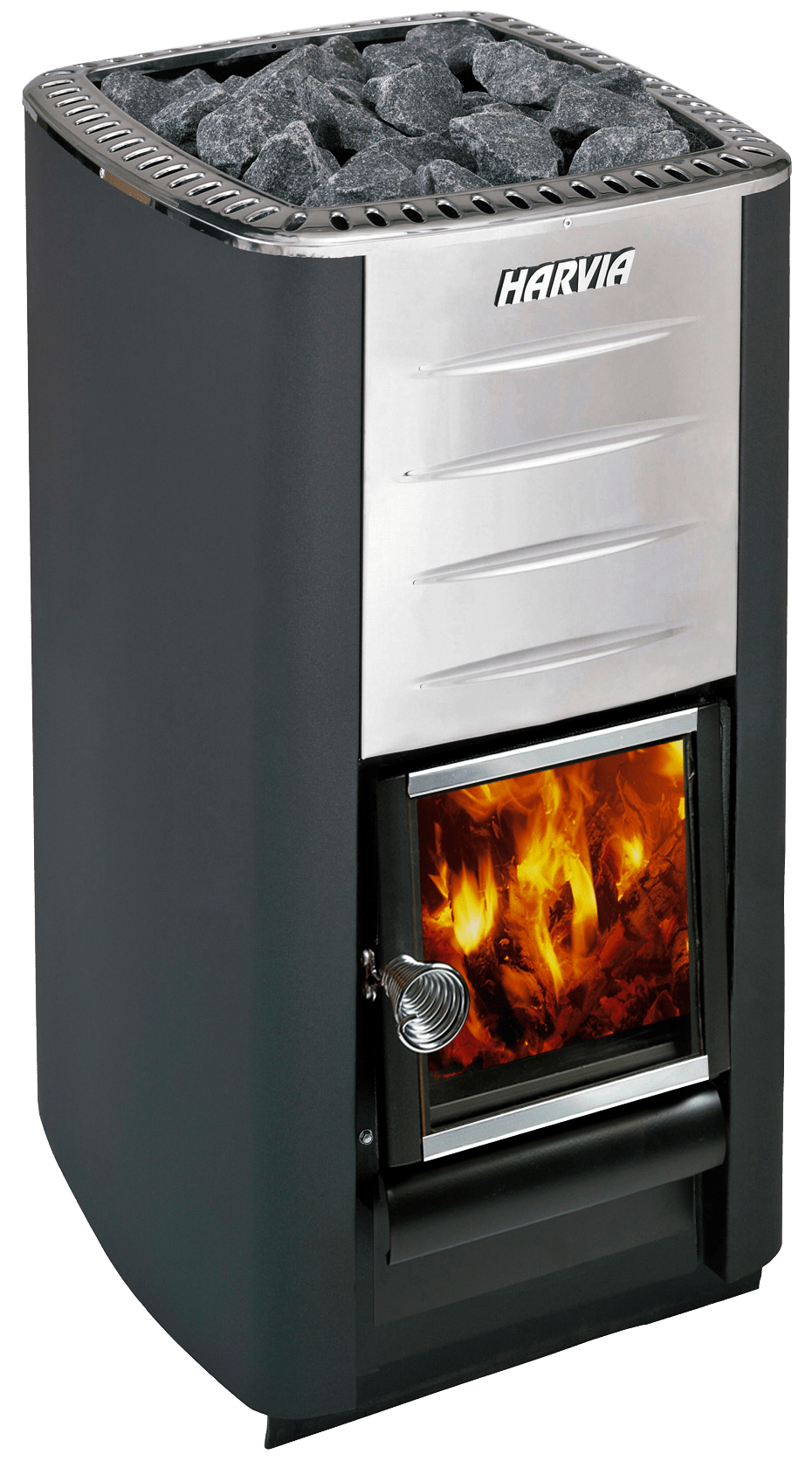 Harvia M3 SET: aquecedor a lenha com vidro mostrando as chamas.