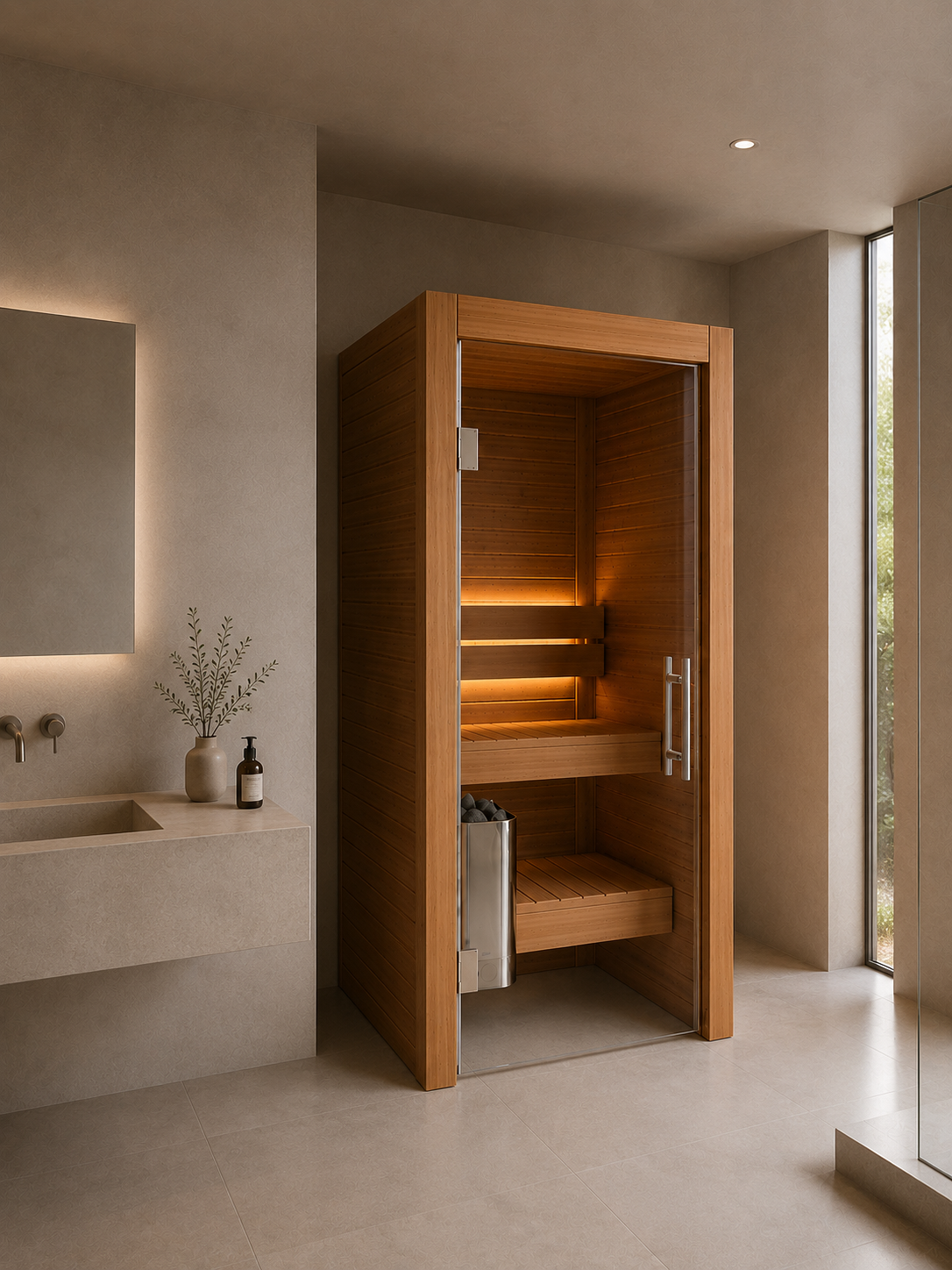 Sauna Interior Koti 1 — vista frontal, sauna interior de 1 pessoa em pinho térmico