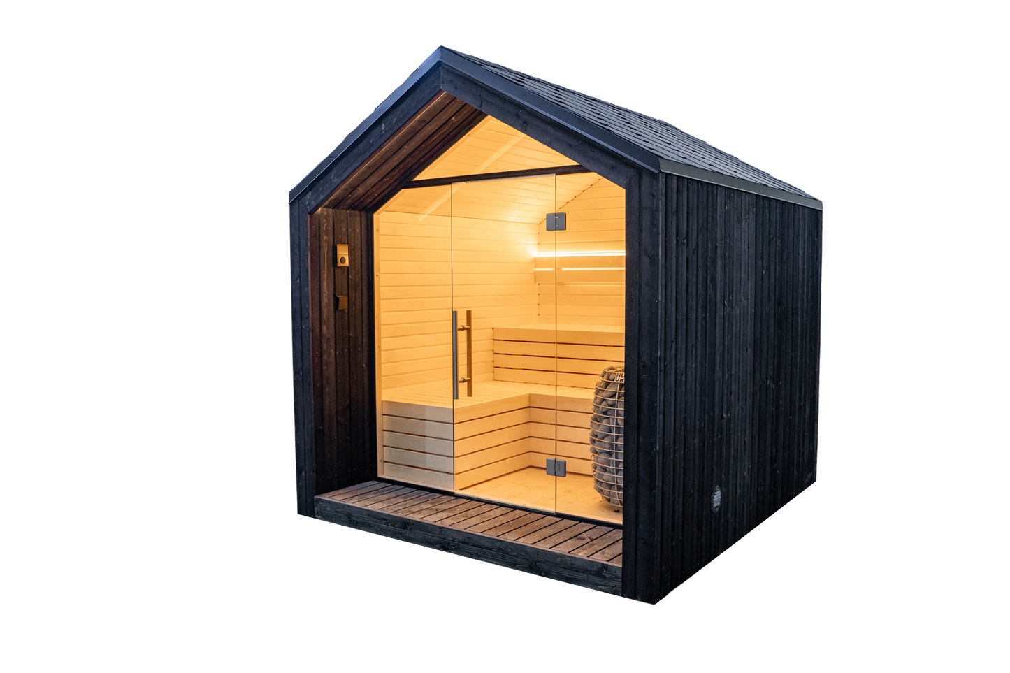 Sauna LumI avec porte en verre et panier en pierre.