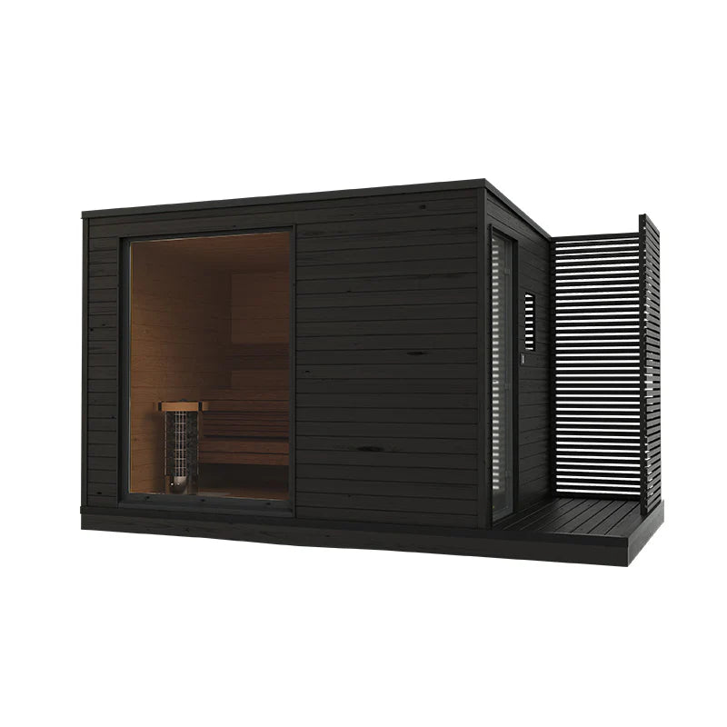 KUUT L sauna électrique extérieur avec porte en verre.