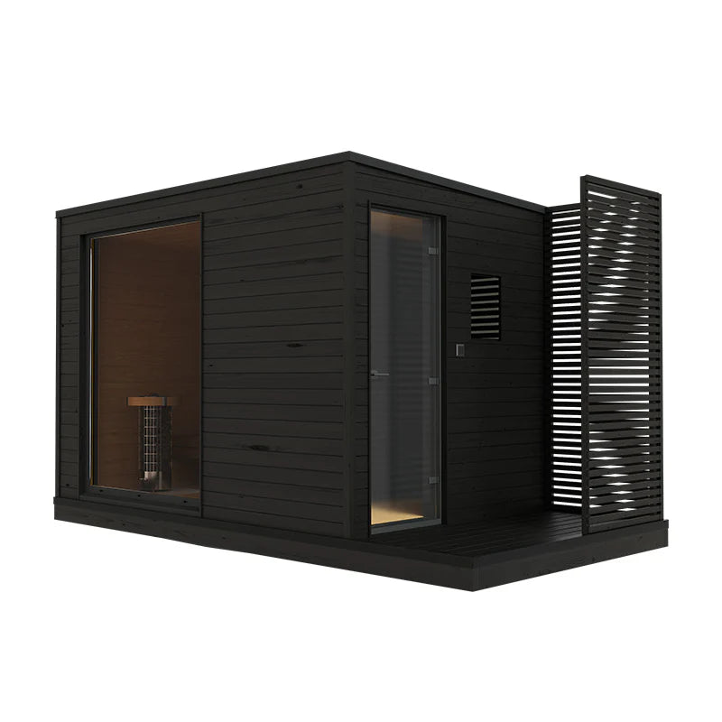 KUUT L sauna électrique extérieur avec porte ouverte.