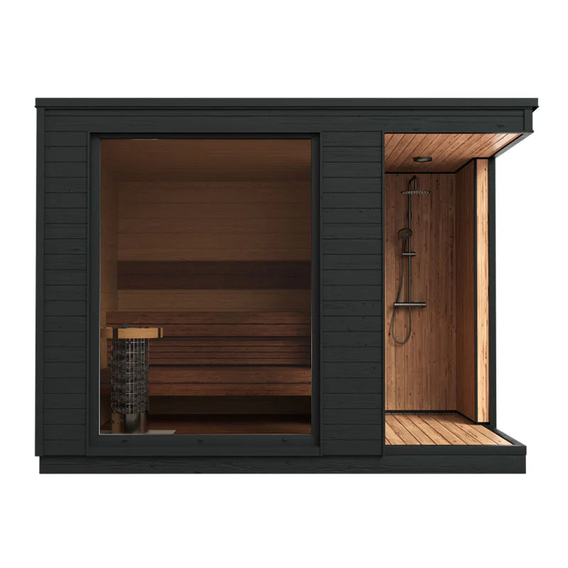 KUUT L Sauna électrique extérieur avec douche, luxe et confort.