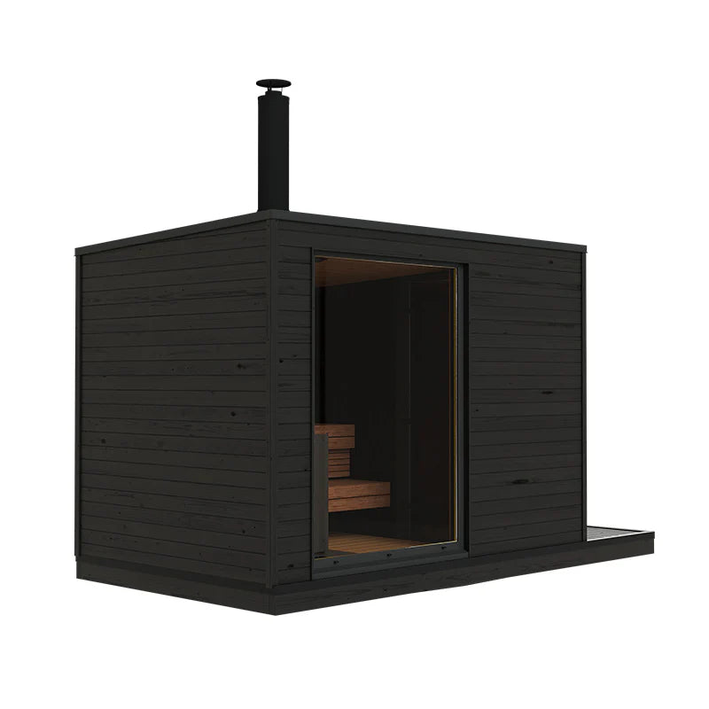 KUUT L sauna extérieur chauffé au bois, au design scandinave.