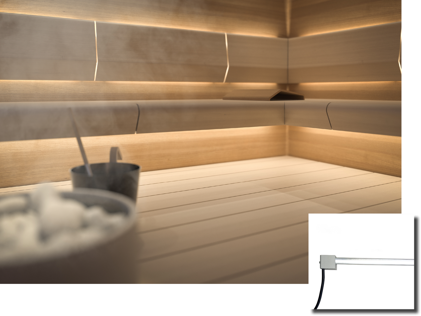 Cariitti Linear LED 2m dans le sauna avec seau à sel.