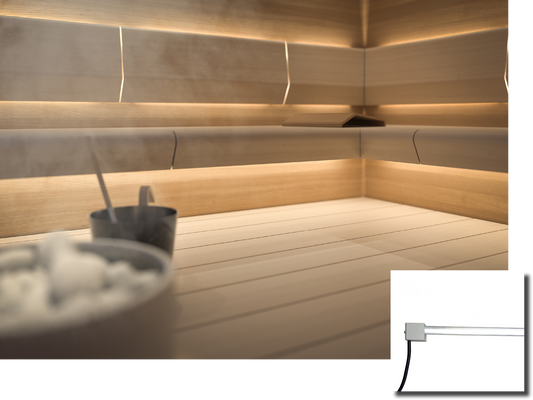 Cariitti Linear LED 2m dans le sauna avec seau à sel.