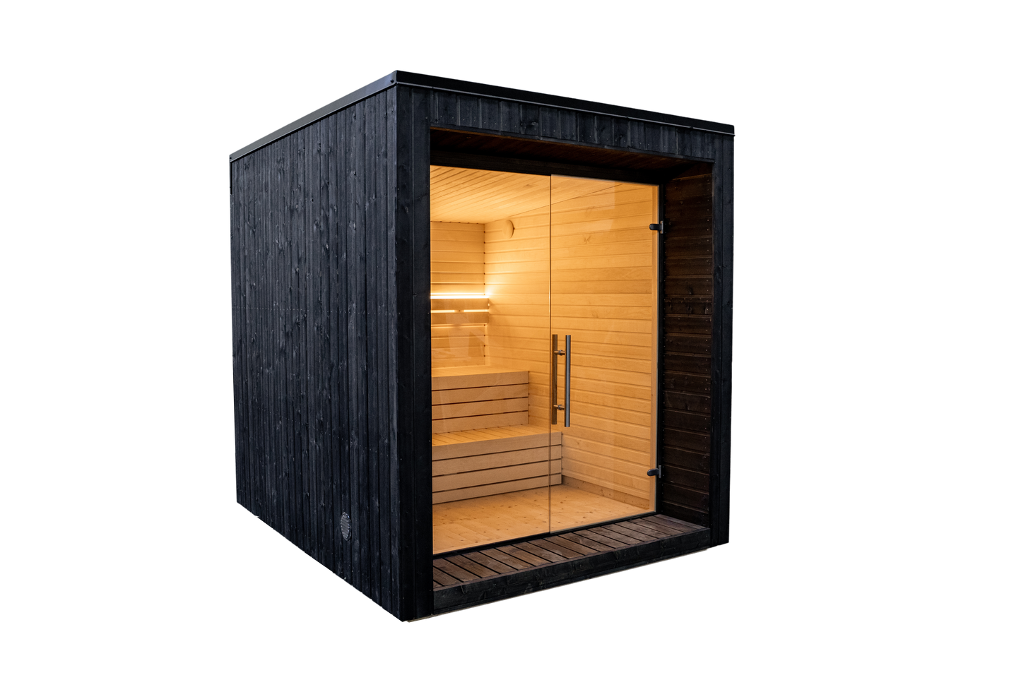 Sauna LUMI avec porte en verre et design nordique minimaliste.