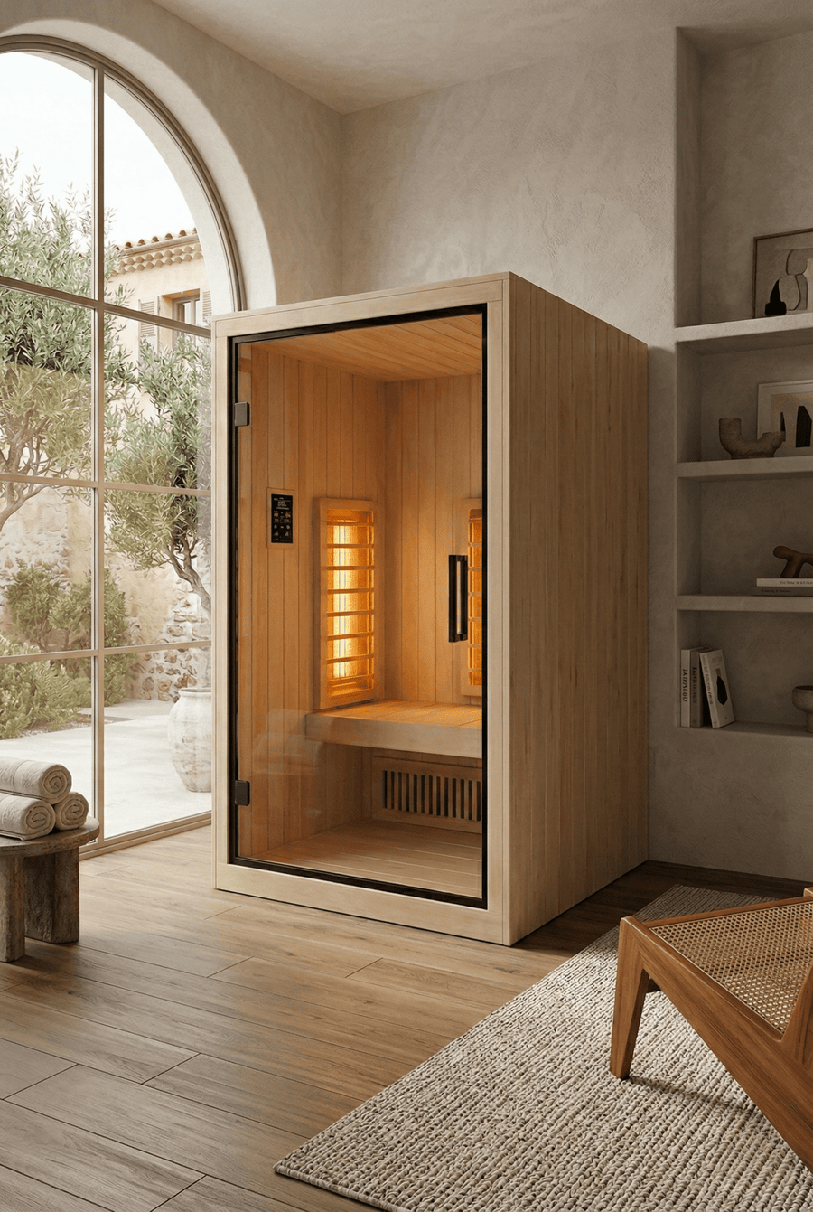 Sauna Infravermelho Aura 110 em ambiente de spa iluminado.