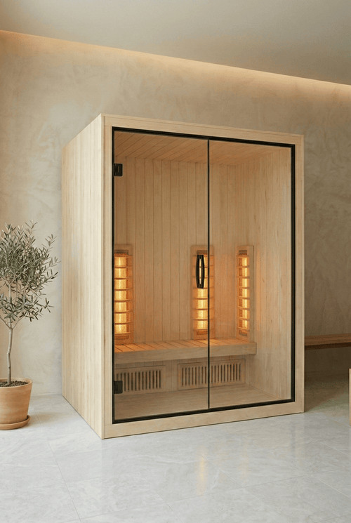 Sauna Infravermelho Aura 150 em cabine de vidro e madeira.