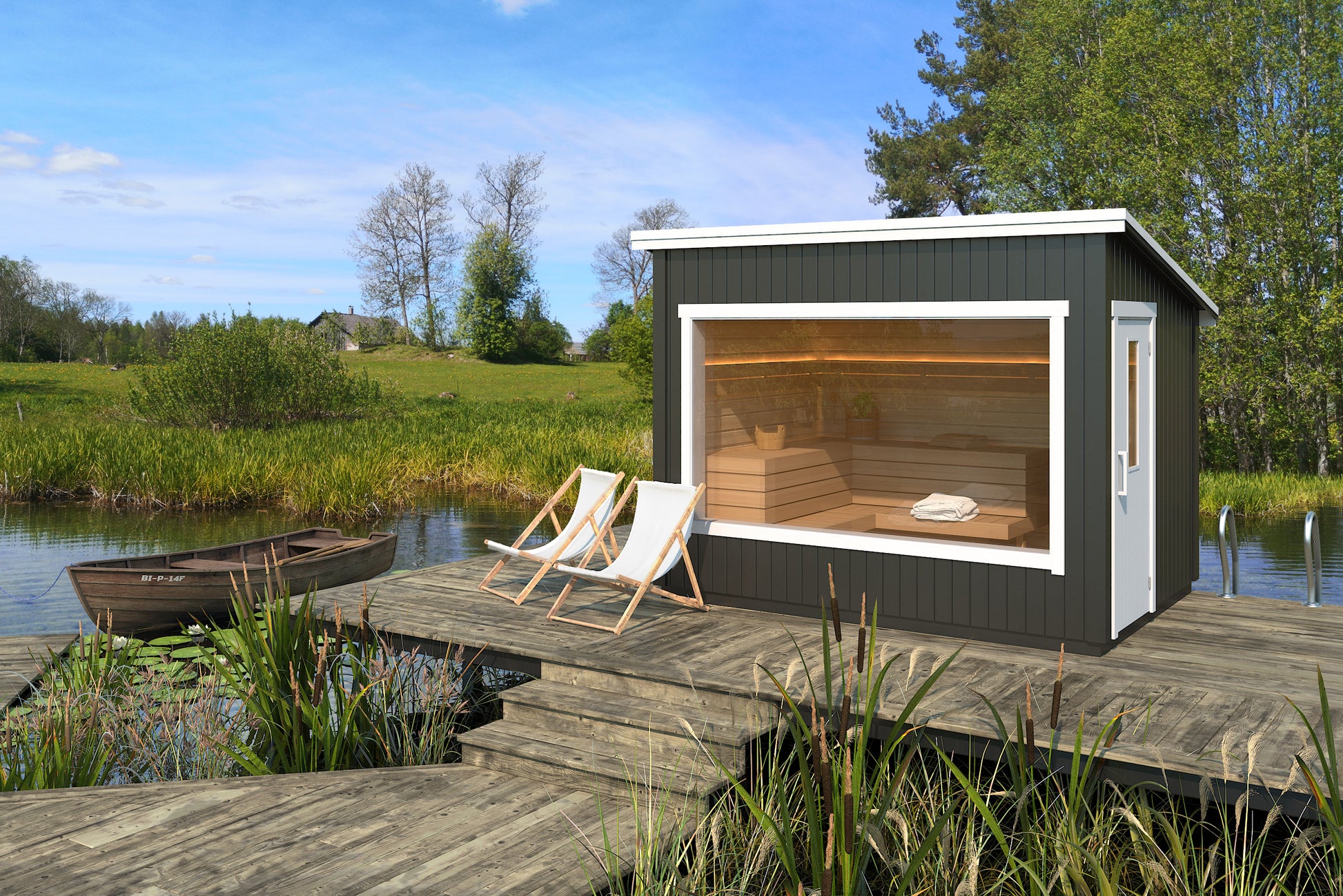 Saunamo Sauna extérieur modulaire sur une terrasse avec des chaises.