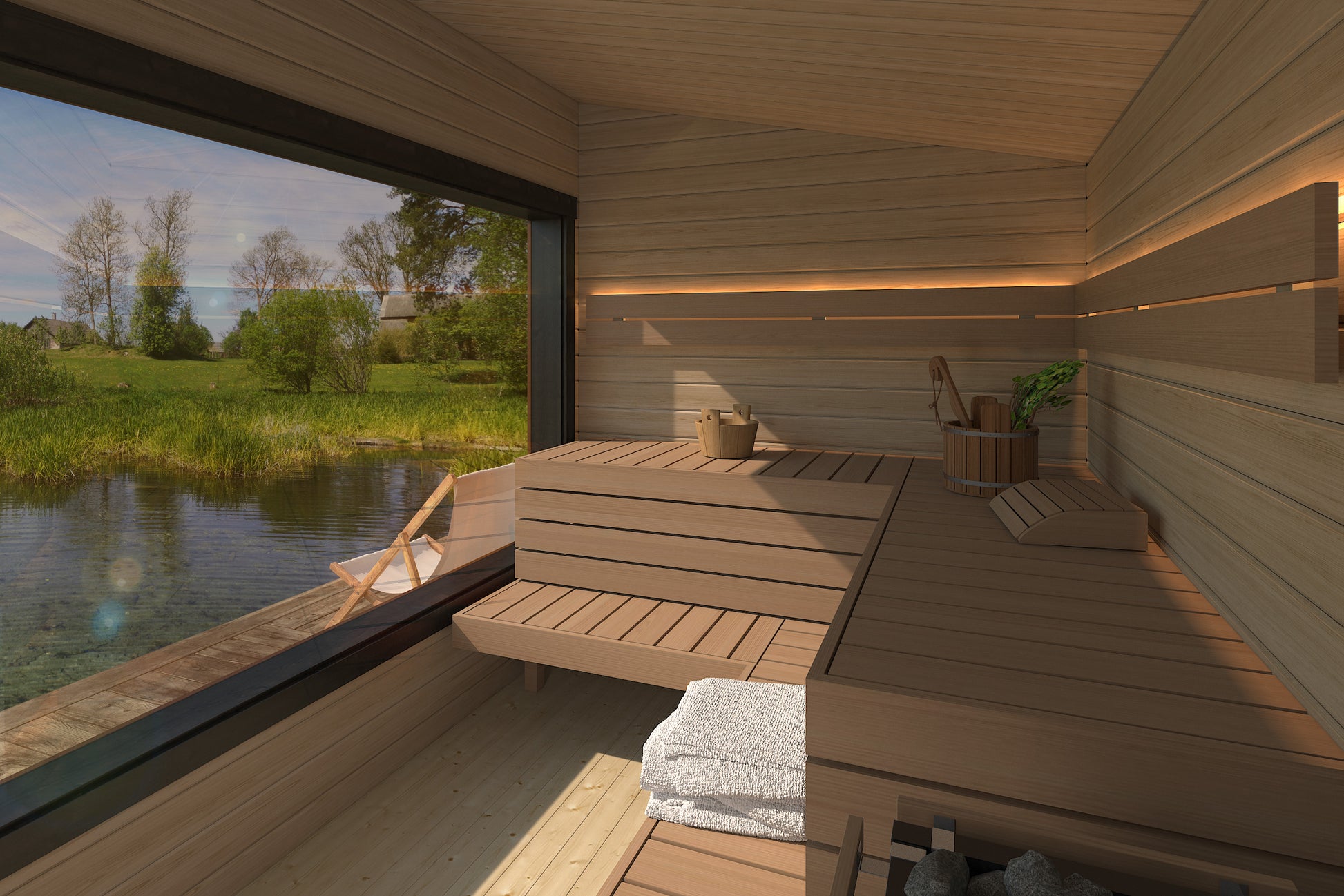 Saunamo Sauna extérieur Modulaire avec vue sur le lac et la pelouse.